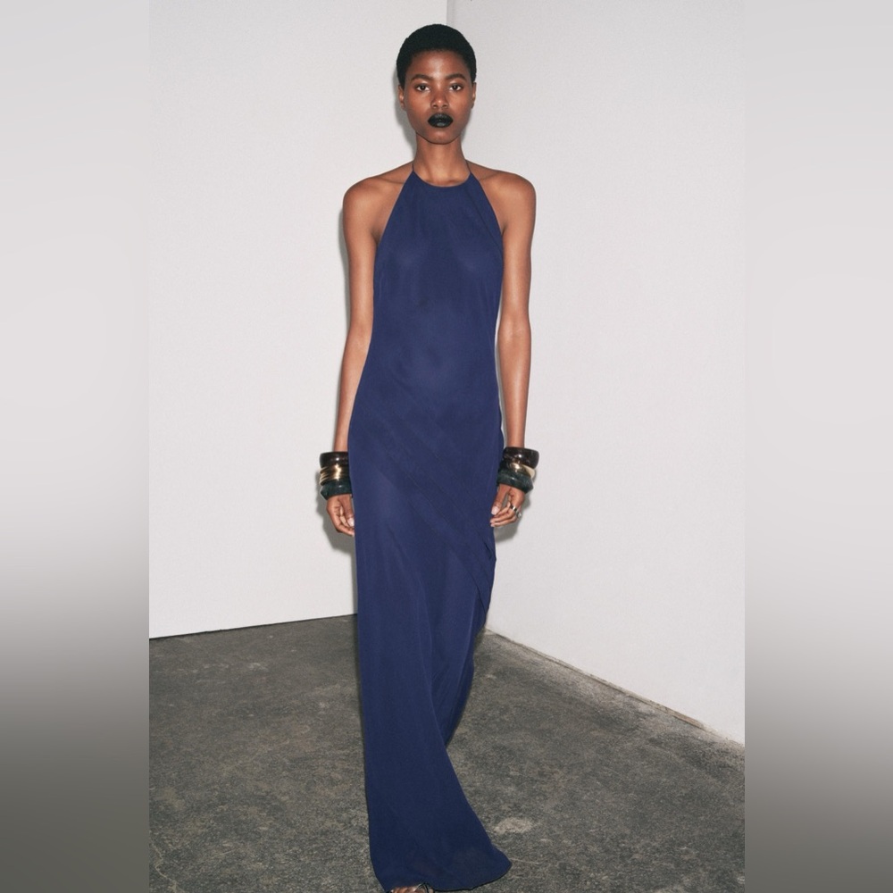 Elegant Navy Blue Halter Dress